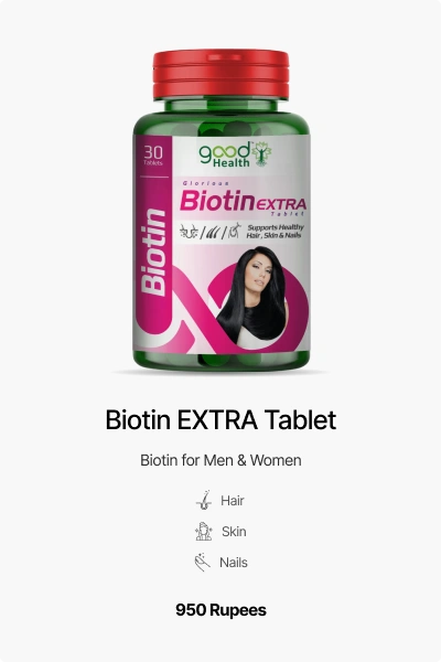 Biotin Extra Biotin Extra supplement for healthy hair, glowing skin, and strong nails.