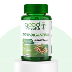 Good Health AshwaGold herbal supplement in green bottle